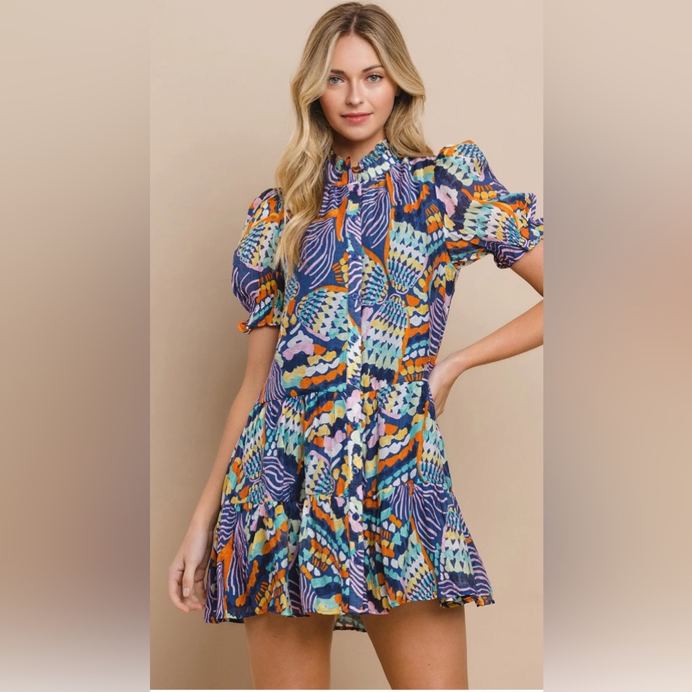 TCEC‎ Multi Color Abstract Print Ruffle Neck Tiered Mini Dress Large